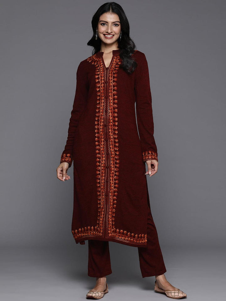 Maroon Embroidered Wool Straight Kurta Set