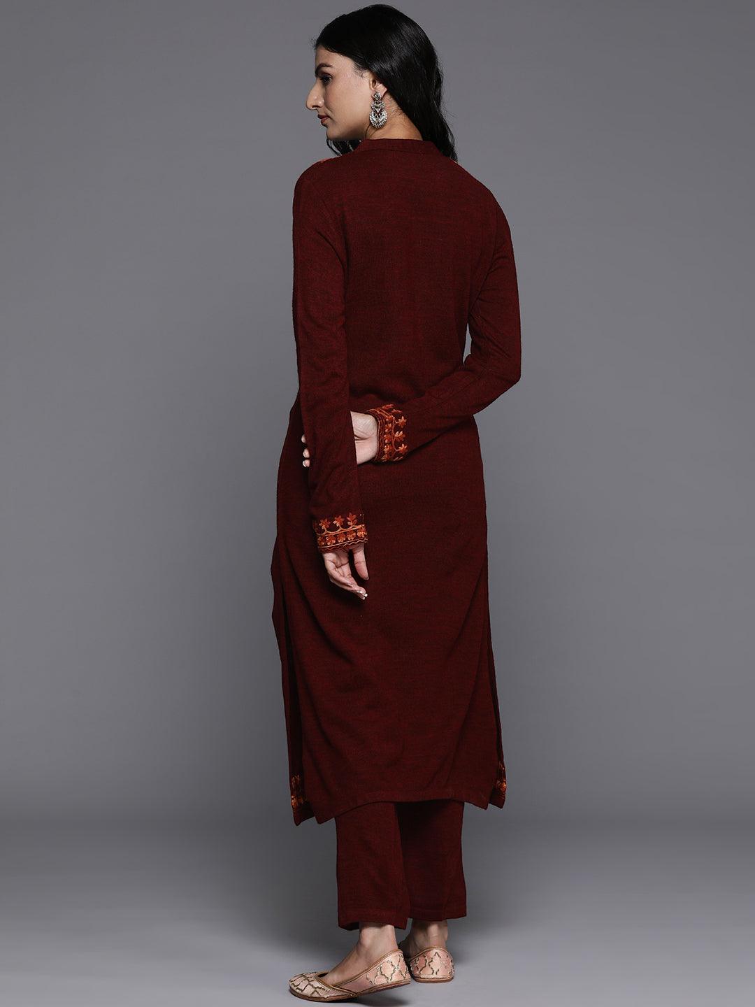 Maroon Embroidered Wool Straight Kurta With Trousers - ShopLibas 
