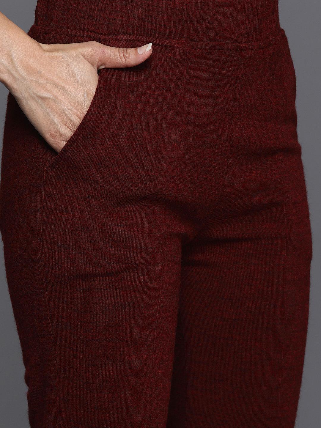 Maroon Embroidered Wool Straight Kurta With Trousers - ShopLibas 