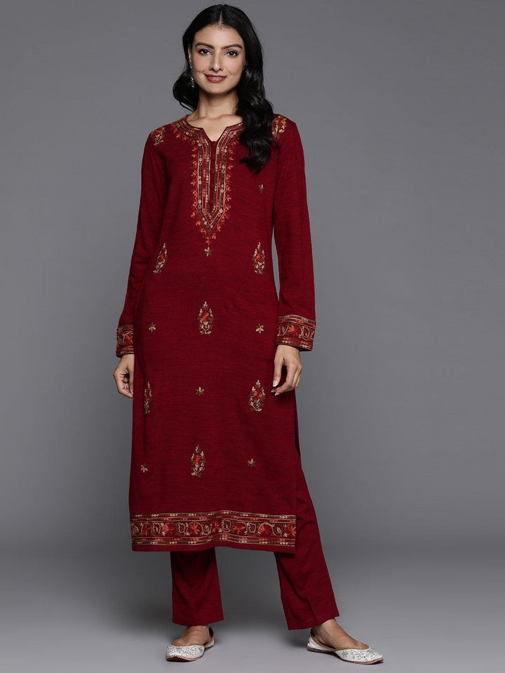 Red Embroidered Wool Straight Kurta Set