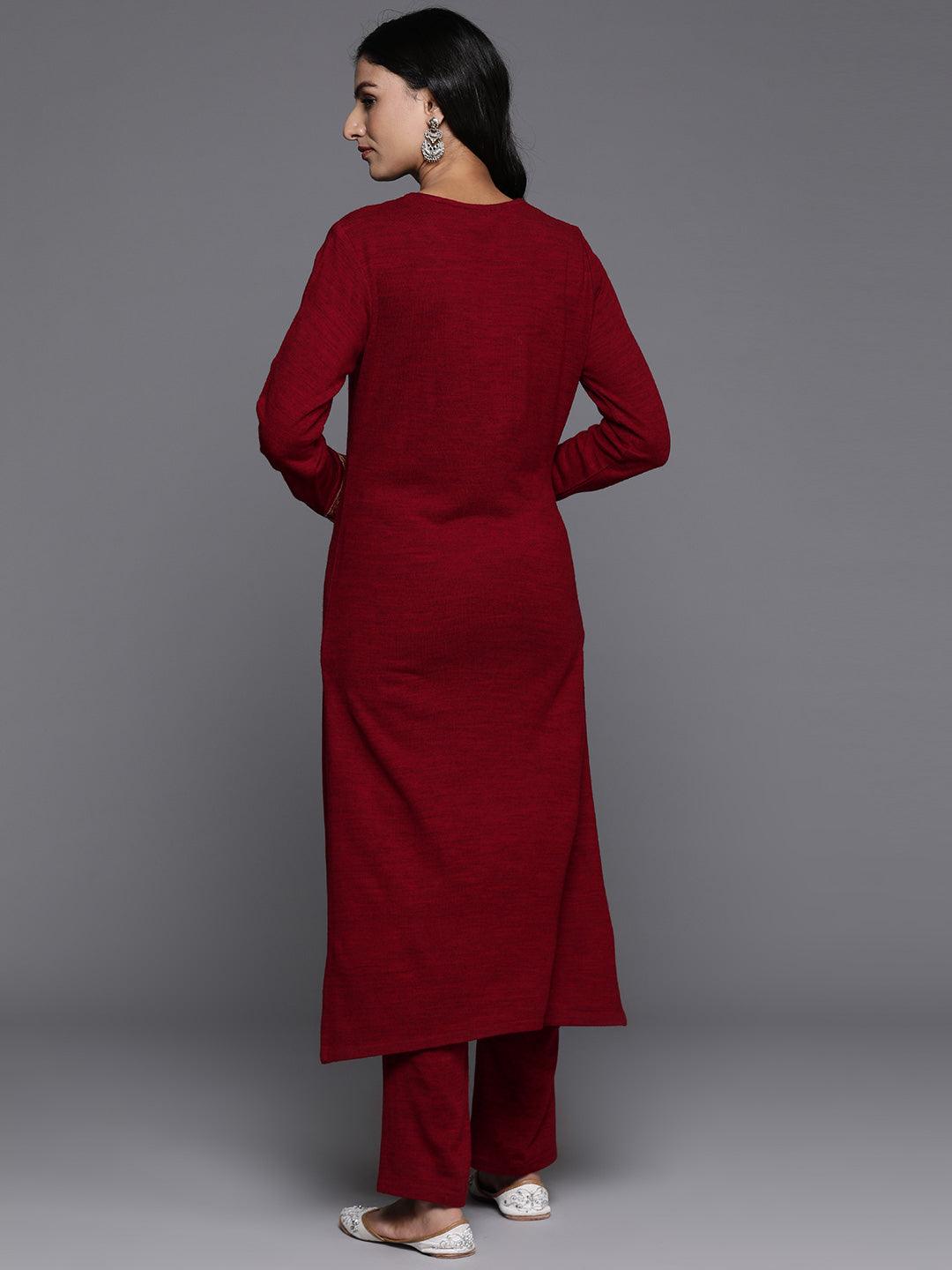 Red Embroidered Wool Straight Kurta With Trousers - ShopLibas 