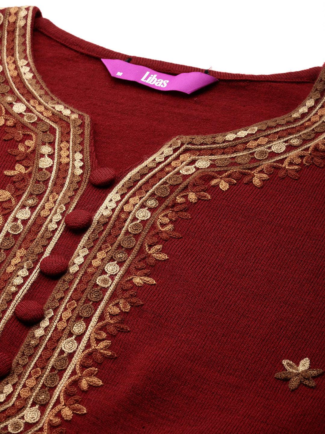 Red Embroidered Wool Straight Kurta With Trousers - ShopLibas 