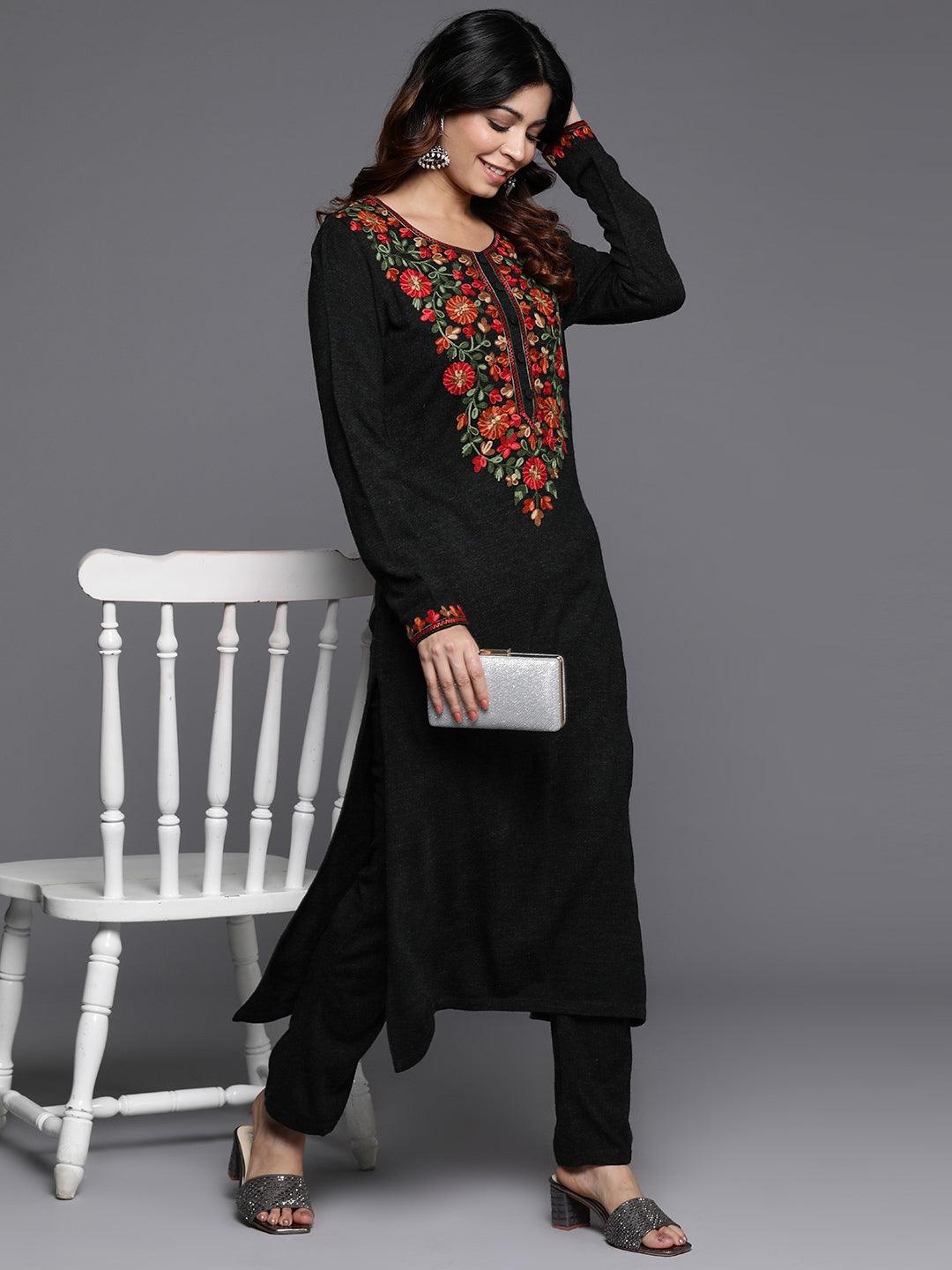 Black Yoke Design Wool Straight Kurta With Trousers - ShopLibas 