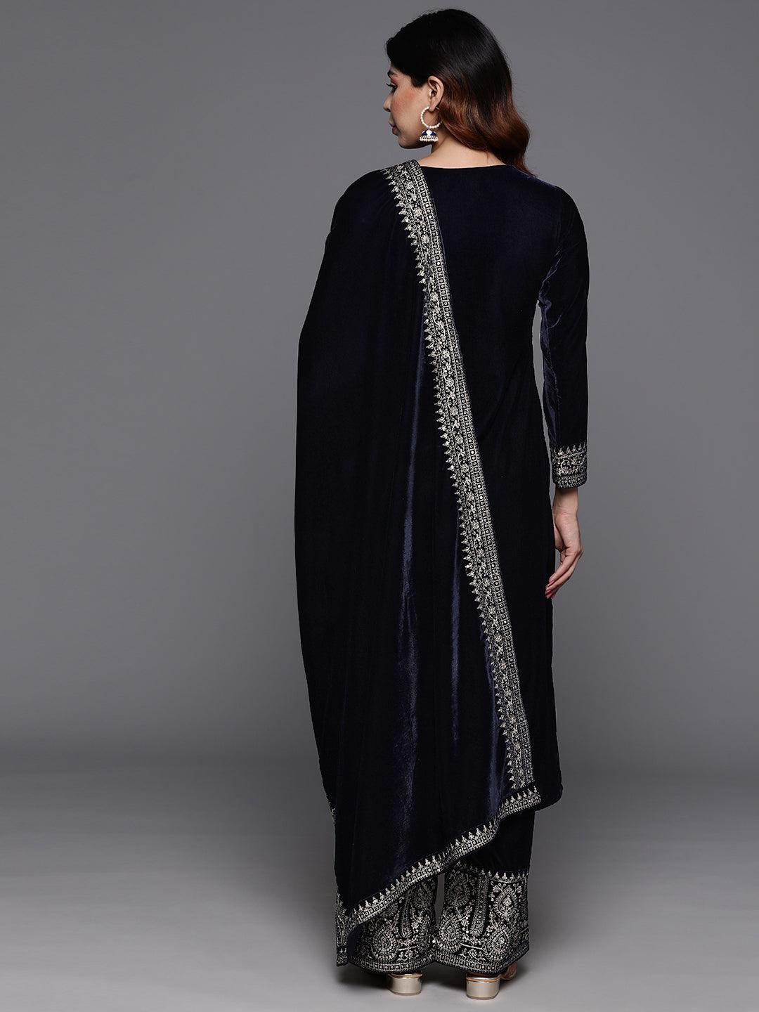 Navy Yoke Design Velvet Straight Kurta With Palazzos & Dupatta - ShopLibas 