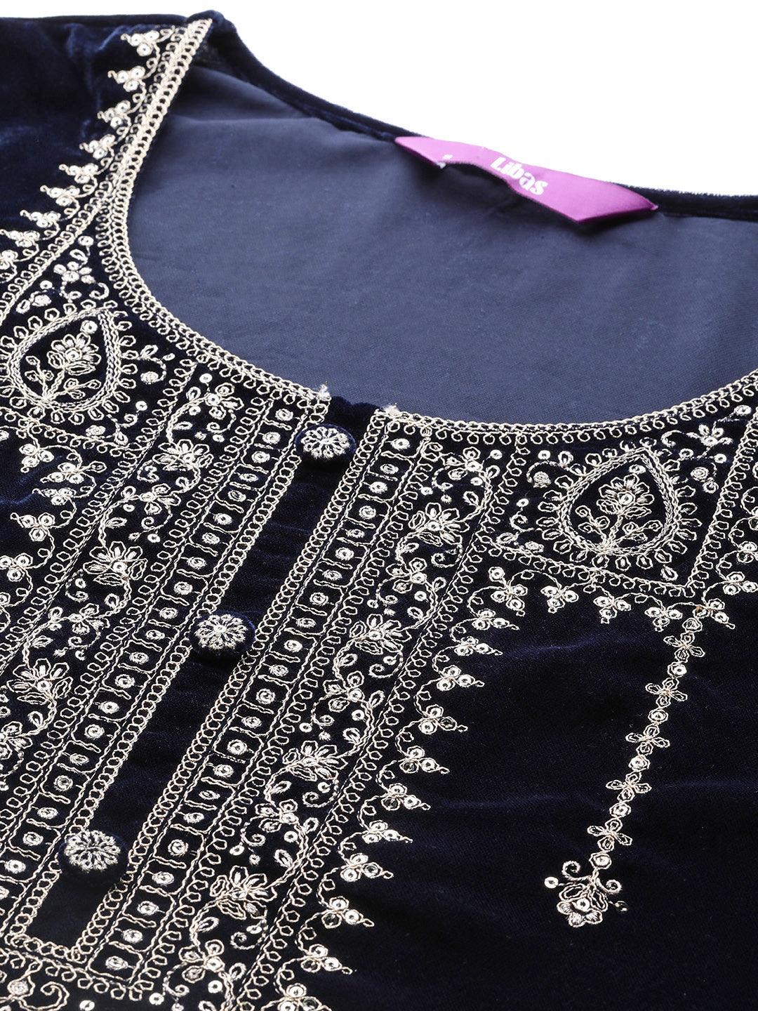 Navy Yoke Design Velvet Straight Kurta With Palazzos & Dupatta - ShopLibas 