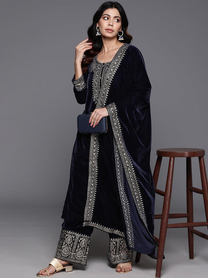 Navy Blue Yoke Design Velvet Straight Suit With Dupatta