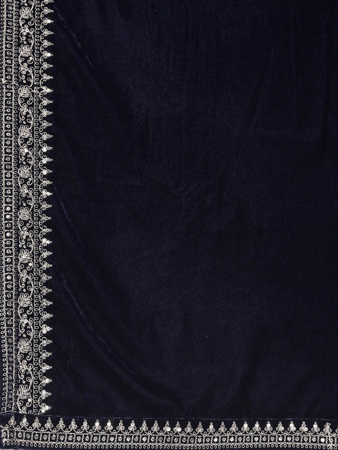 Navy Yoke Design Velvet Straight Kurta With Palazzos & Dupatta - ShopLibas 