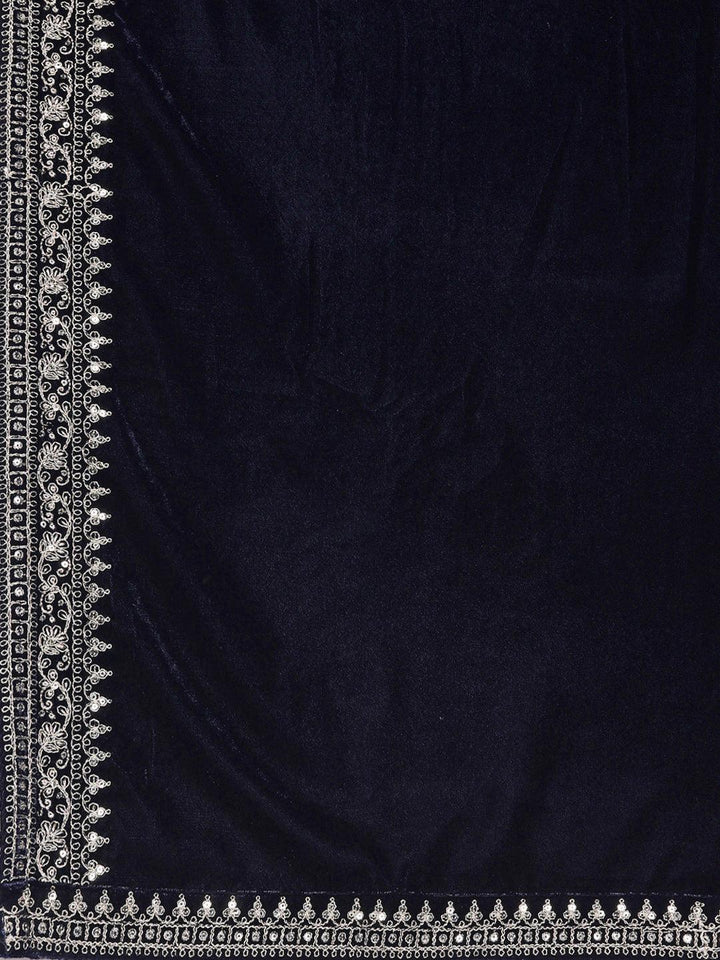 Navy Blue Yoke Design Velvet Straight Suit With Dupatta