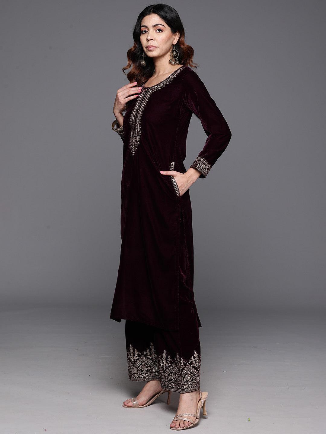 Purple Yoke Design Velvet Straight Kurta With Palazzos & Dupatta - ShopLibas 