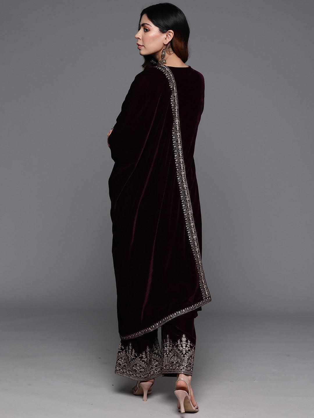 Purple Yoke Design Velvet Straight Kurta With Palazzos & Dupatta - ShopLibas 