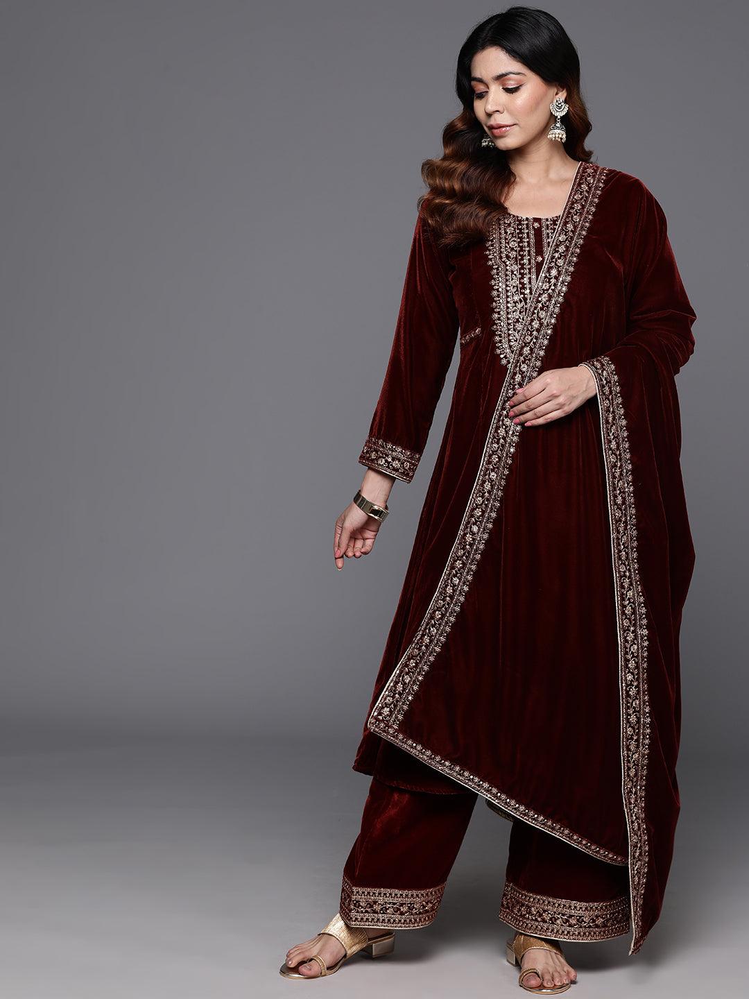Rust Yoke Design Velvet A-Line Kurta With Palazzos & Dupatta - ShopLibas 