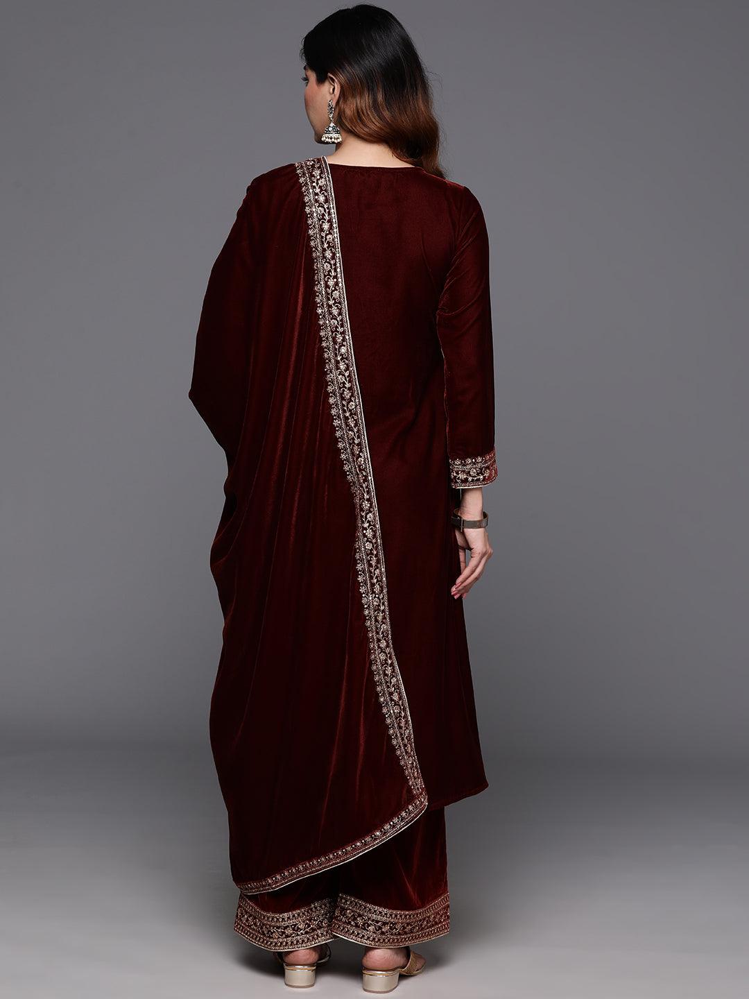 Rust Yoke Design Velvet A-Line Kurta With Palazzos & Dupatta - ShopLibas 