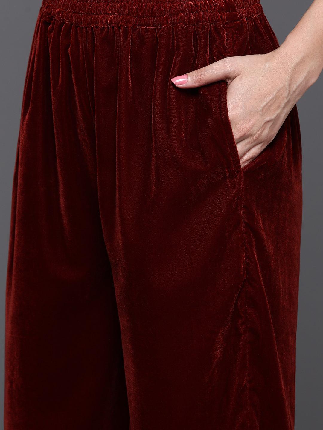 Rust Yoke Design Velvet A-Line Kurta With Palazzos & Dupatta - ShopLibas 