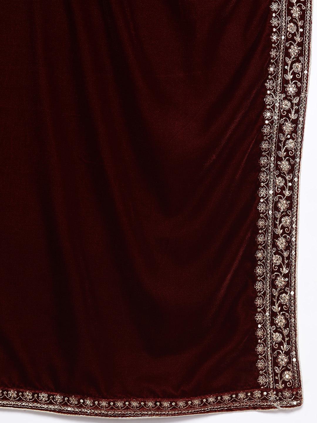 Rust Yoke Design Velvet A-Line Kurta With Palazzos & Dupatta - ShopLibas 