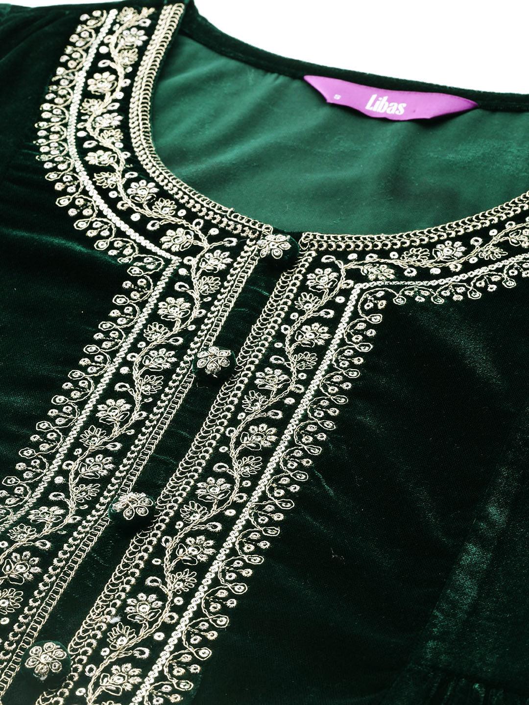 Green Yoke Design Velvet A-Line Kurta With Palazzos & Dupatta - ShopLibas 