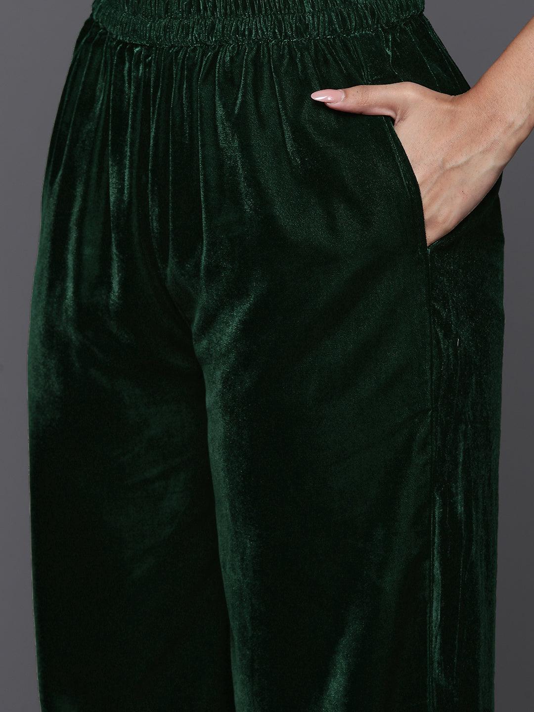 Green Yoke Design Velvet A-Line Kurta With Palazzos & Dupatta - ShopLibas 