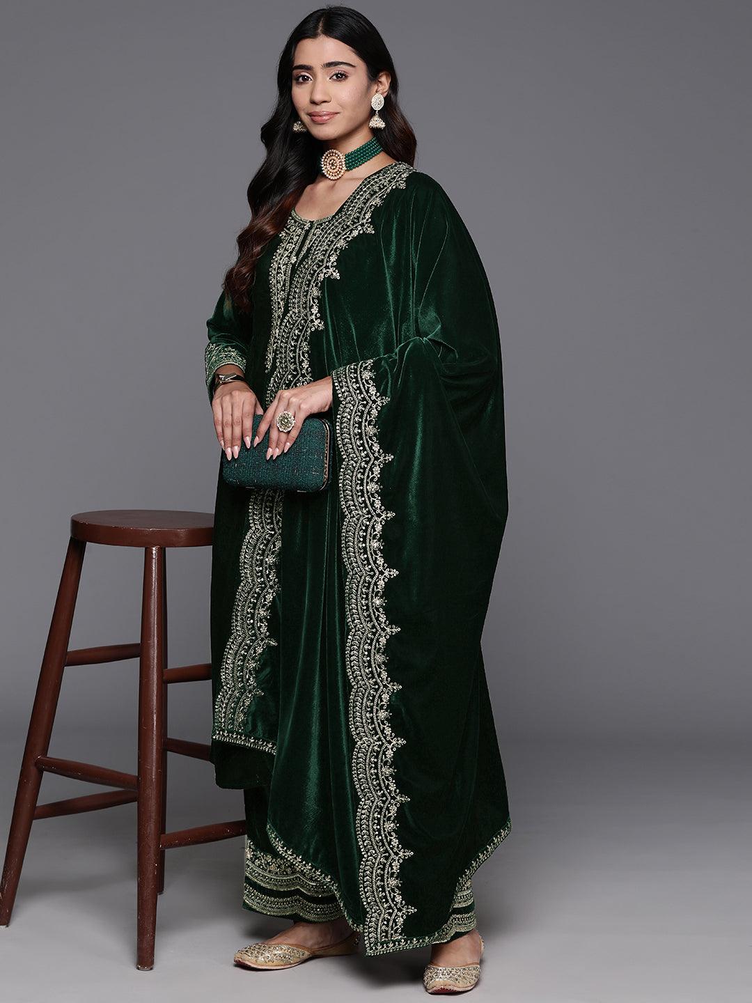 Green Yoke Design Velvet A-Line Kurta With Palazzos & Dupatta - ShopLibas 