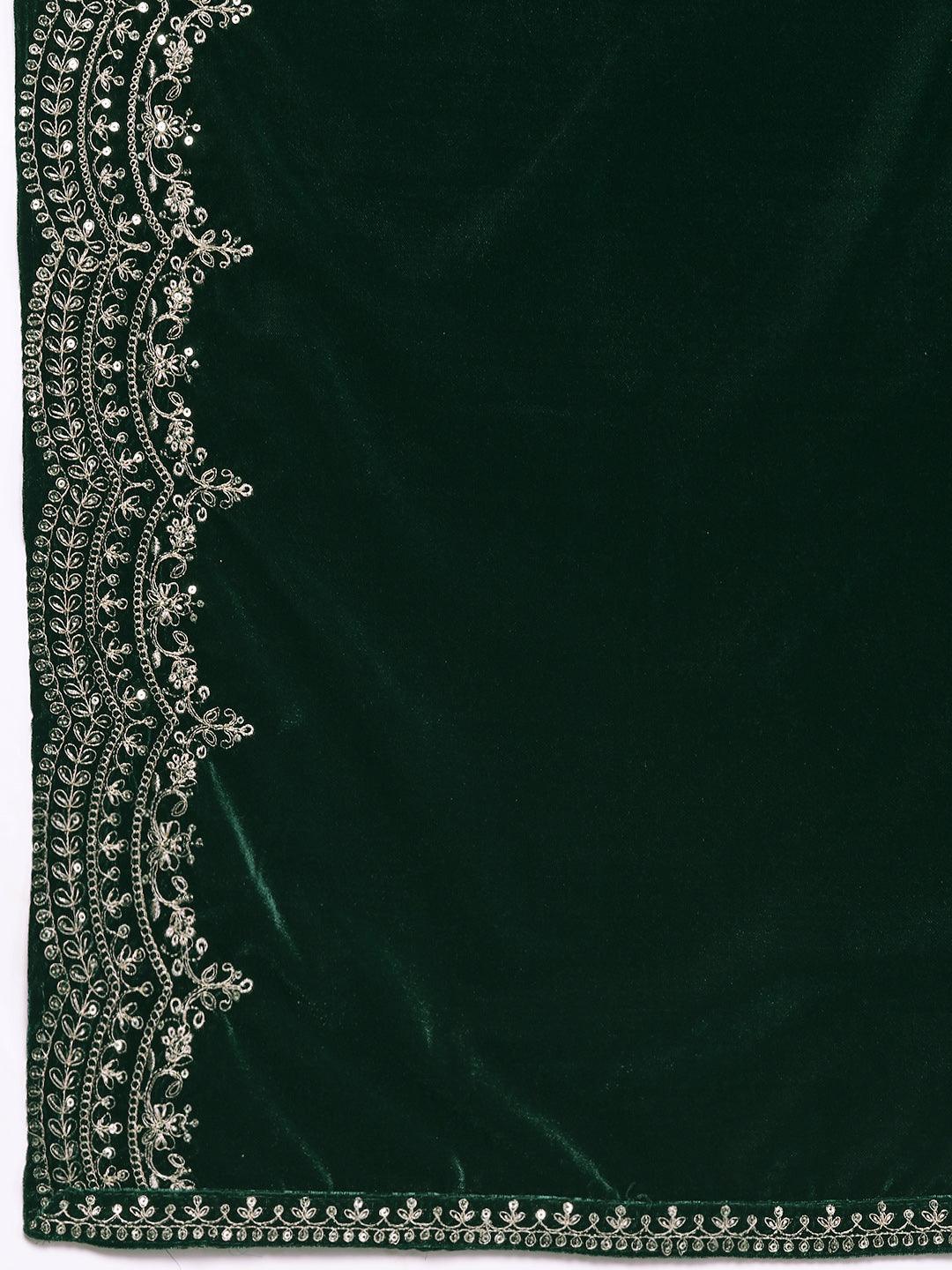 Green Yoke Design Velvet A-Line Kurta With Palazzos & Dupatta - ShopLibas 