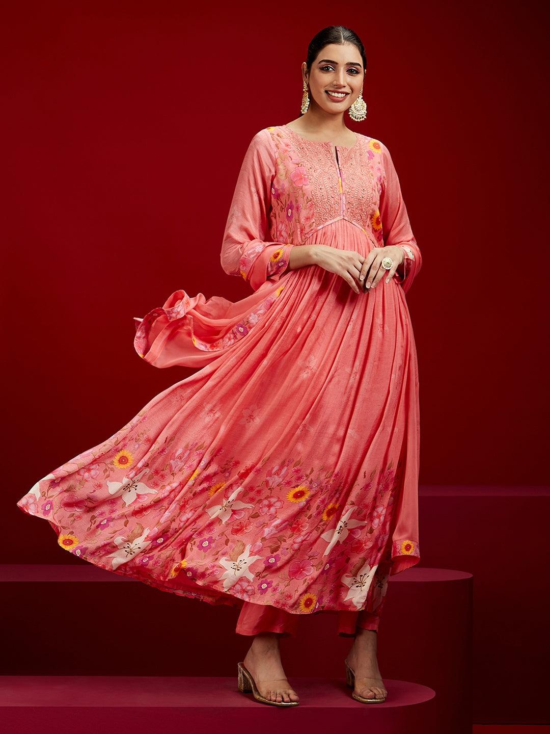 Libas Art Coral Printed Silk Chiffon Anarkali Kurta With Trousers & Dupatta - ShopLibas