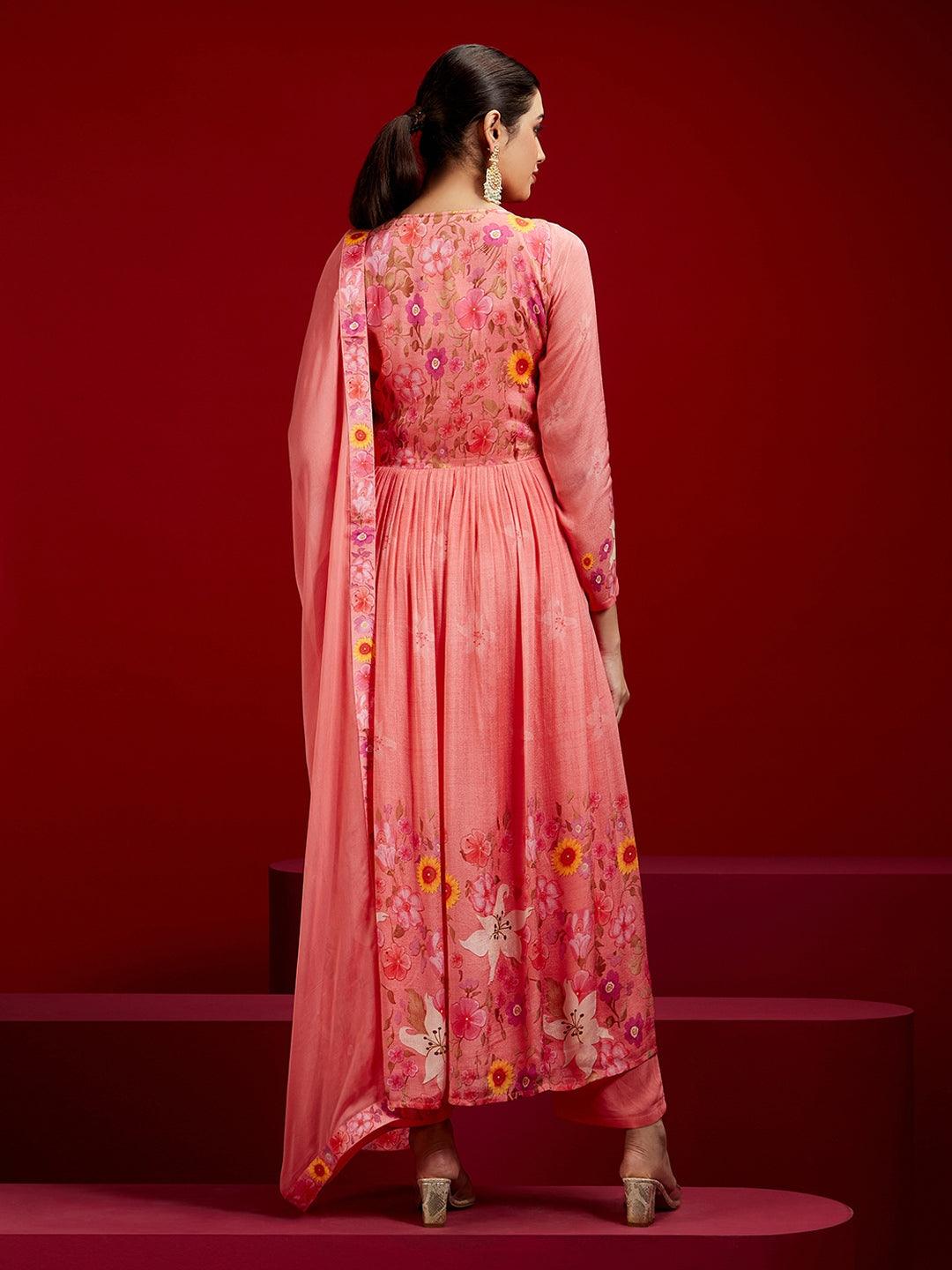 Libas Art Coral Printed Silk Chiffon Anarkali Kurta With Trousers & Dupatta - ShopLibas