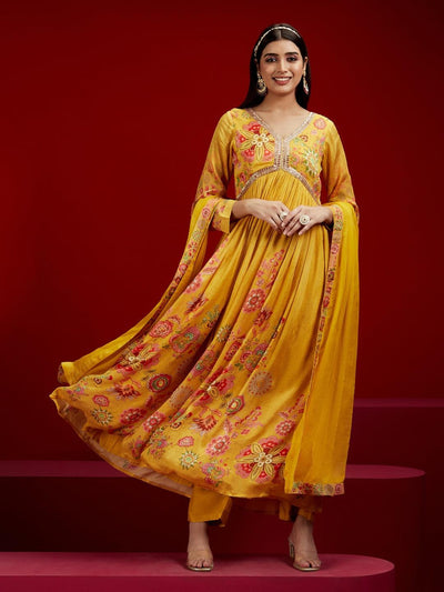 Libas Art Yellow Printed Silk Chiffon Anarkali Kurta With Trousers & Dupatta - ShopLibas