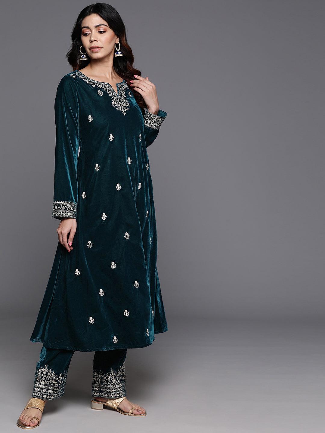 Teal Embroidered Velvet A-Line Kurta With Trousers & Dupatta - ShopLibas 