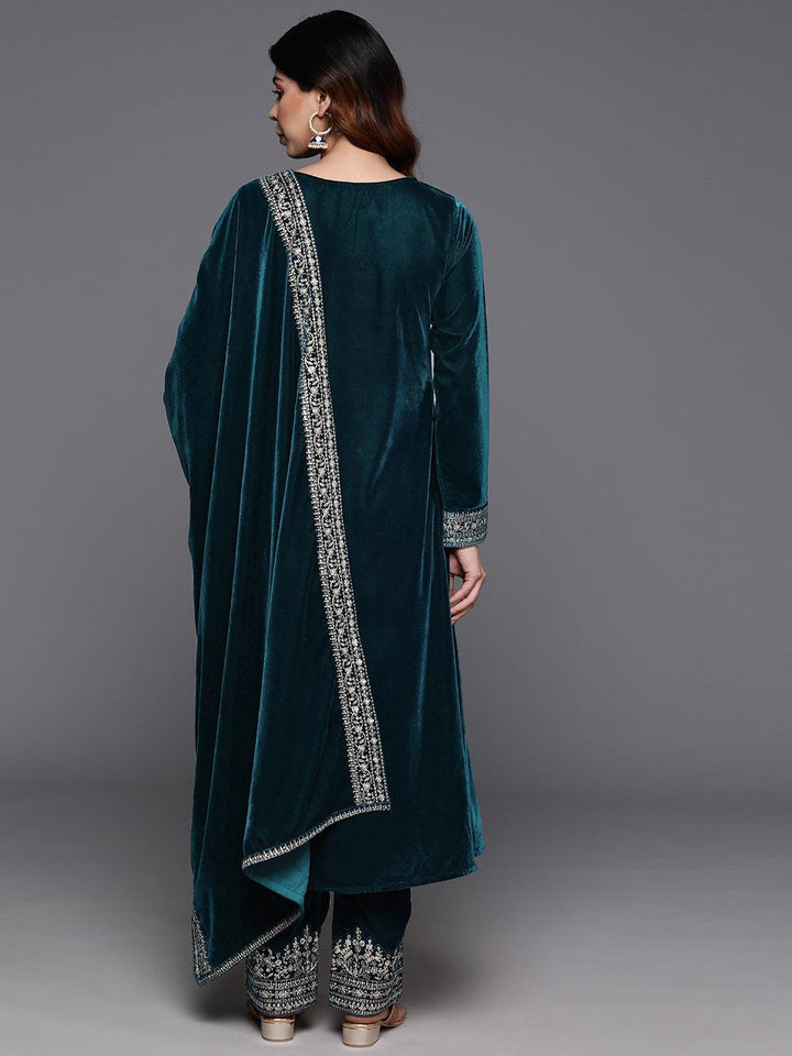 Teal Embroidered Velvet A-Line Kurta With Trousers & Dupatta