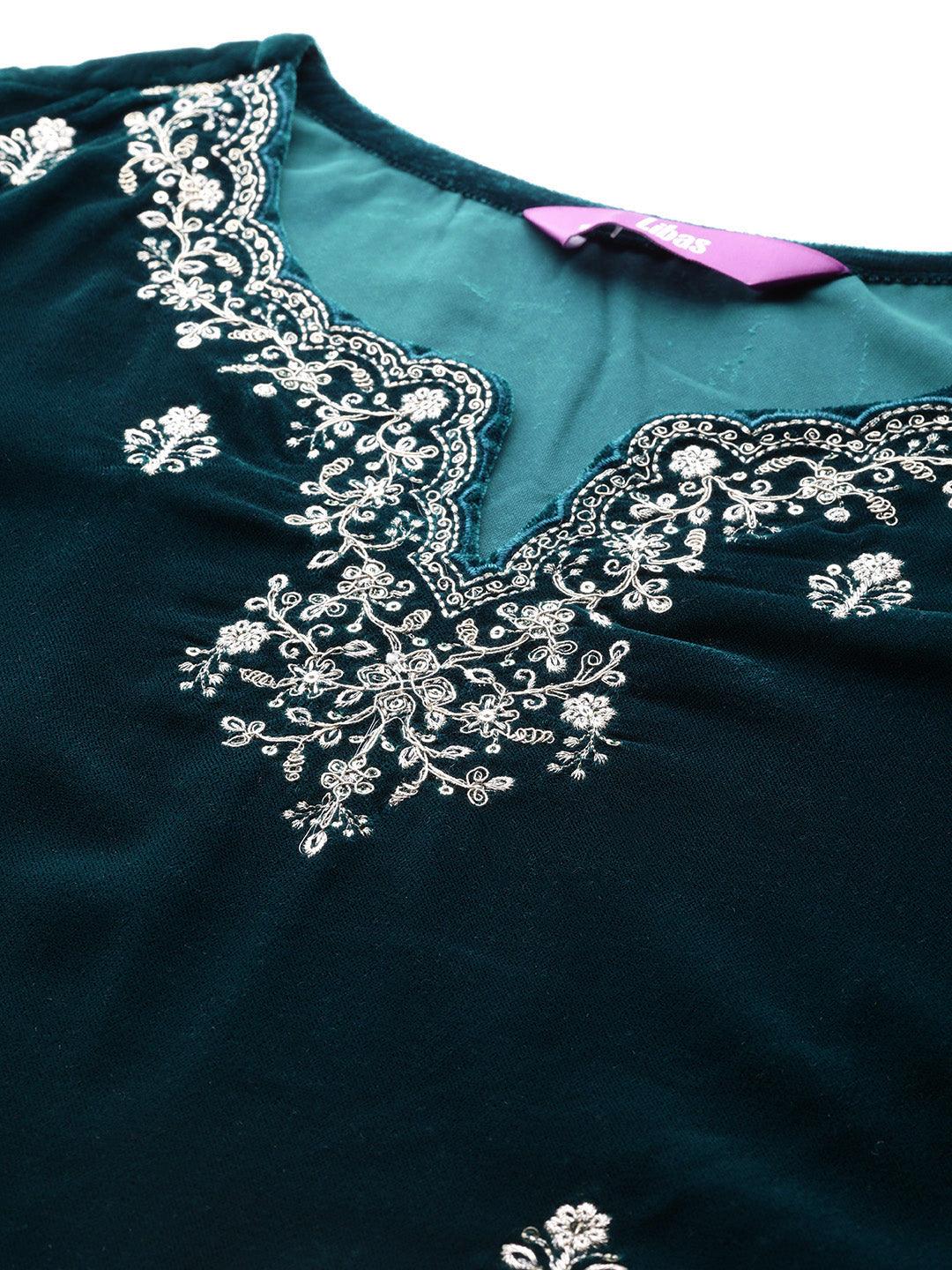 Teal Embroidered Velvet A-Line Kurta With Trousers & Dupatta - ShopLibas 