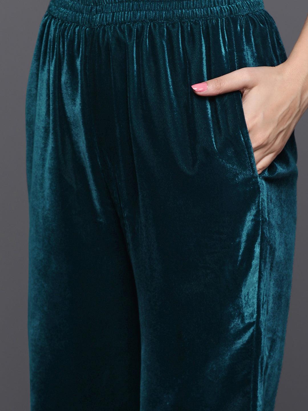 Teal Embroidered Velvet A-Line Kurta With Trousers & Dupatta - ShopLibas 