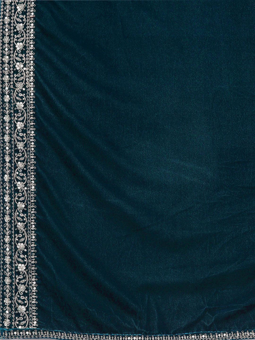 Teal Embroidered Velvet A-Line Kurta With Trousers & Dupatta - ShopLibas 