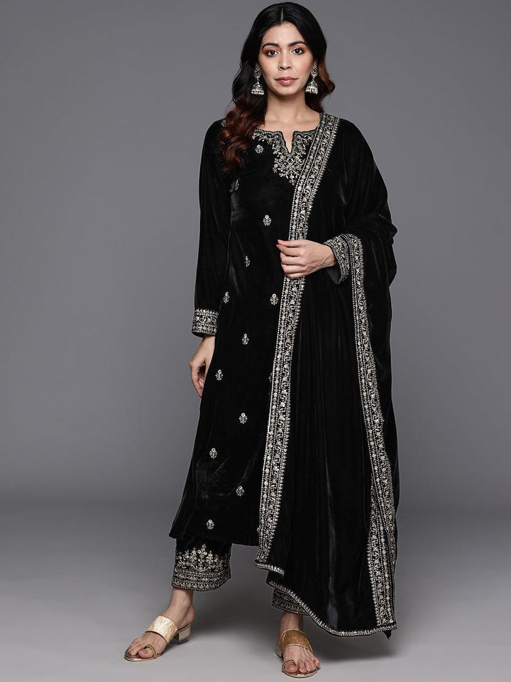 Black Embroidered Velvet A-Line Kurta With Trousers & Dupatta
