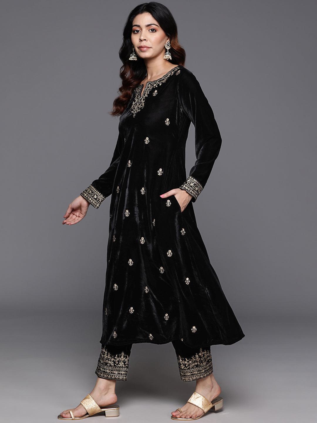 Black Embroidered Velvet A-Line Kurta With Trousers & Dupatta - ShopLibas 