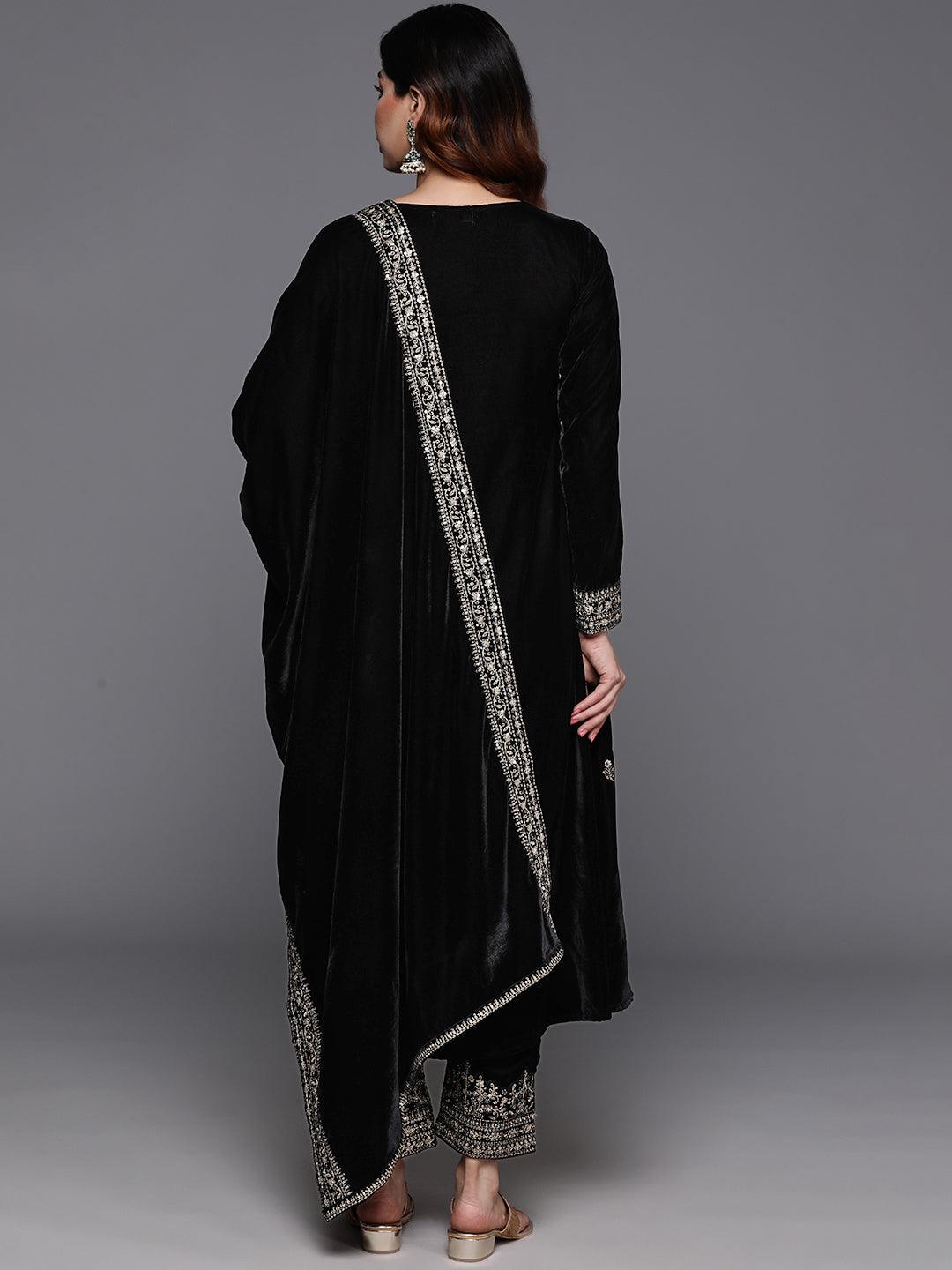 Black Embroidered Velvet A-Line Kurta With Trousers & Dupatta - ShopLibas 