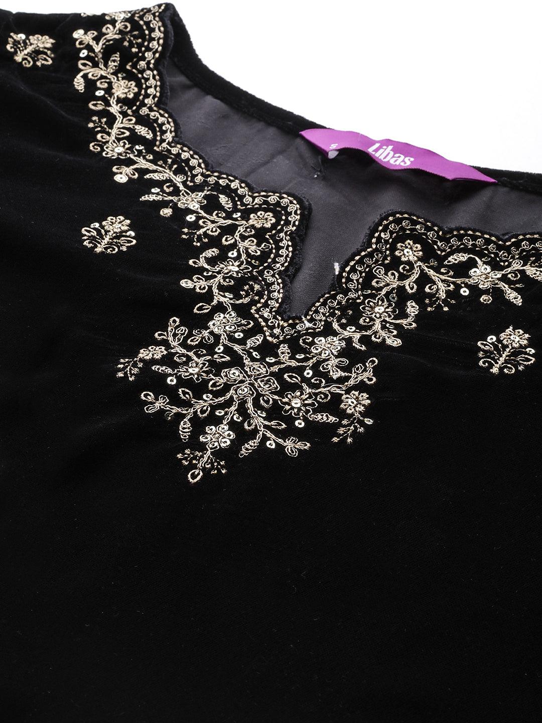 Black Embroidered Velvet A-Line Kurta With Trousers & Dupatta - ShopLibas 
