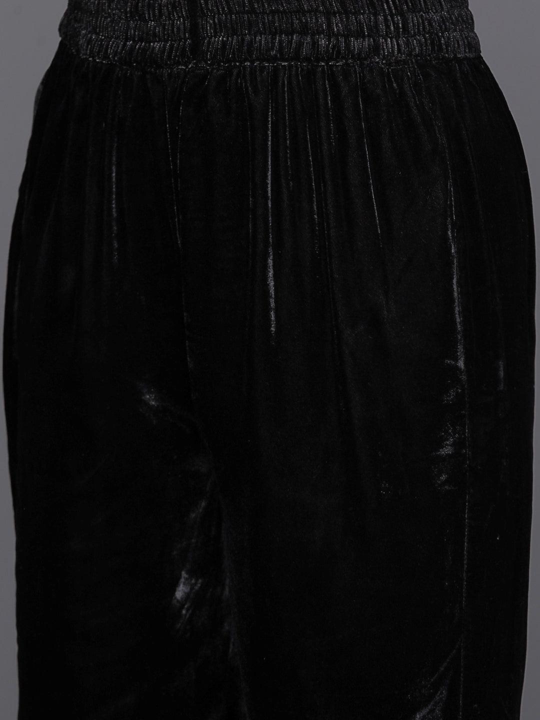 Black Embroidered Velvet A-Line Kurta With Trousers & Dupatta - ShopLibas 