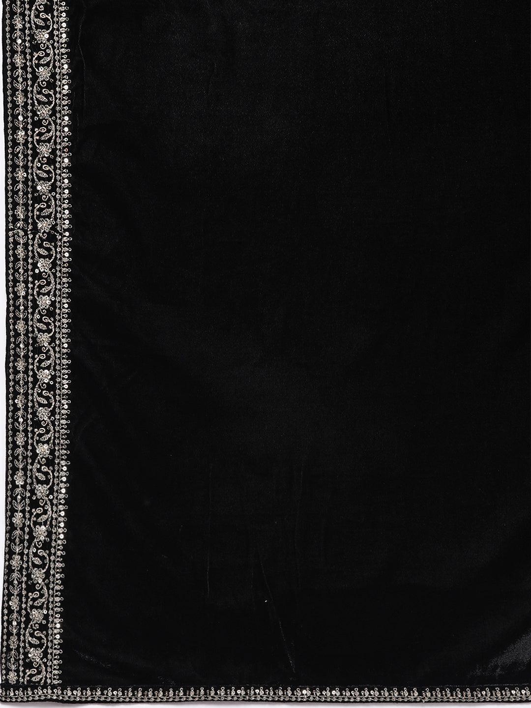 Black Embroidered Velvet A-Line Kurta With Trousers & Dupatta - ShopLibas 