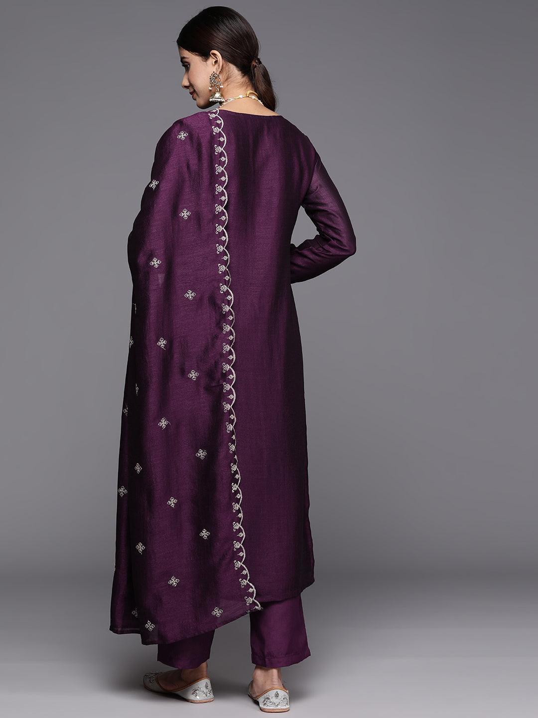 Wine Embroidered Silk Blend Straight Kurta With Trousers & Dupatta - ShopLibas 