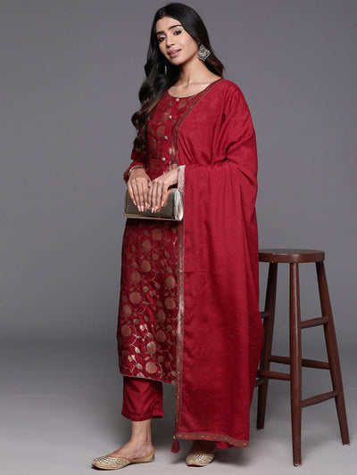 Red Woven Design Silk Blend Straight Kurta With Trousers & Dupatta - ShopLibas