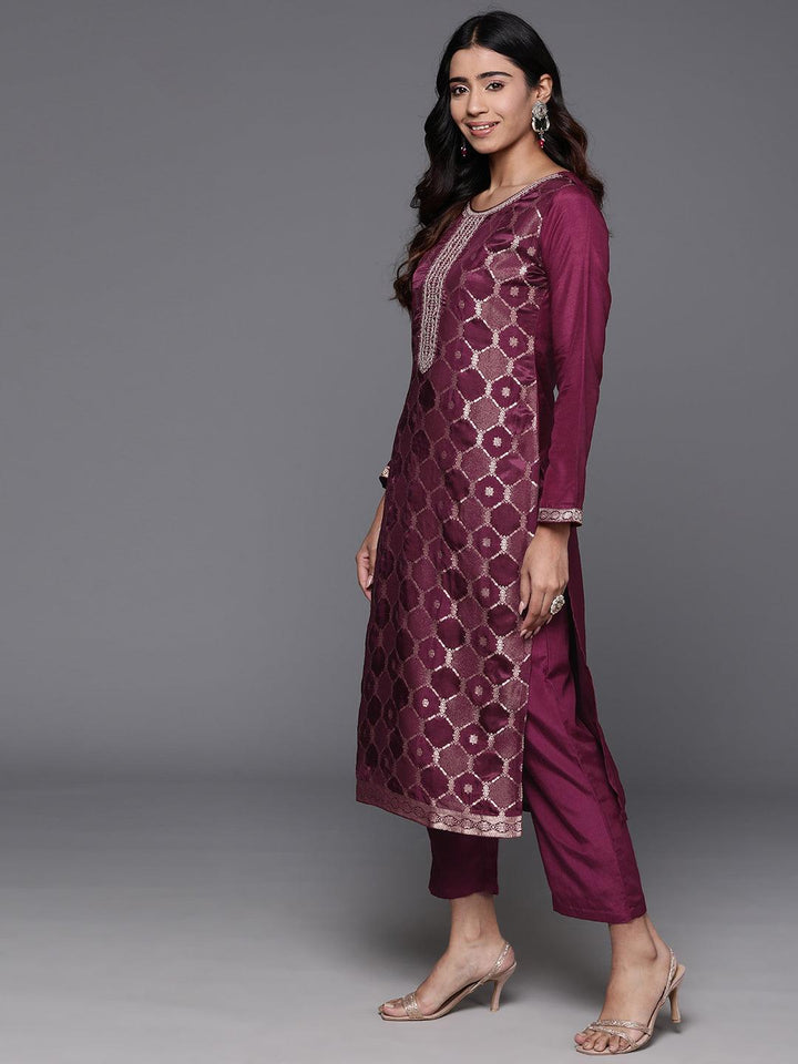 Wine Woven Design Silk Blend Straight Kurta With Trousers & Dupatta - ShopLibas