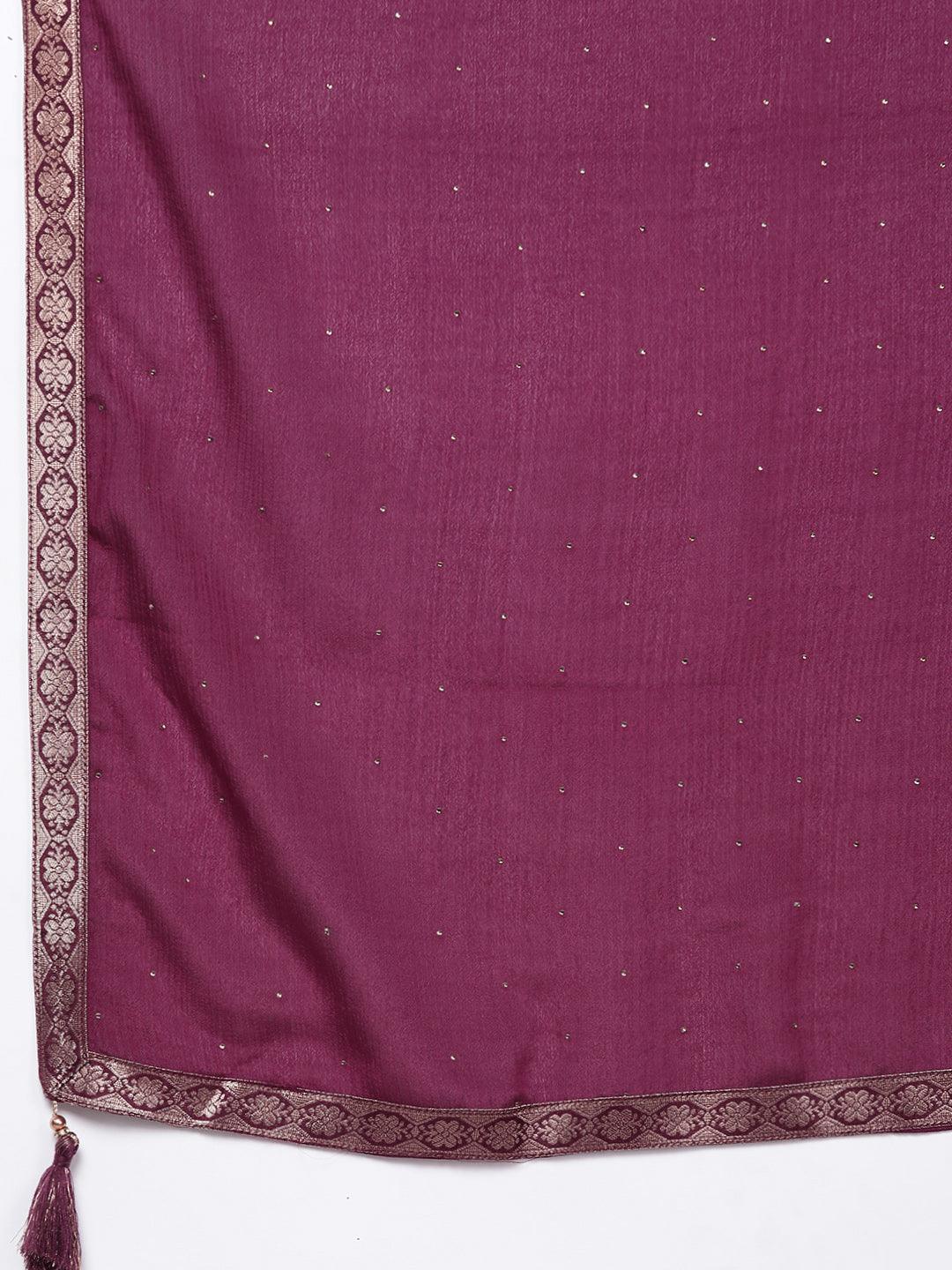 Wine Woven Design Silk Blend Straight Kurta With Trousers & Dupatta - ShopLibas