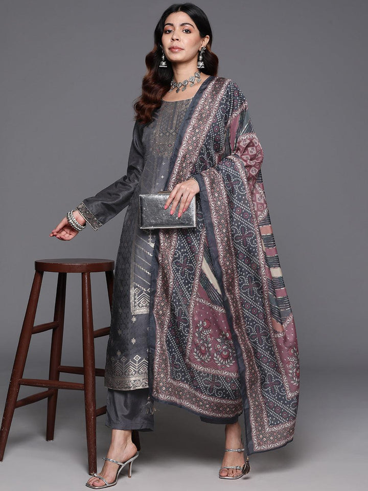 Grey Woven Design Silk Blend Straight Kurta With Trousers & Dupatta - ShopLibas