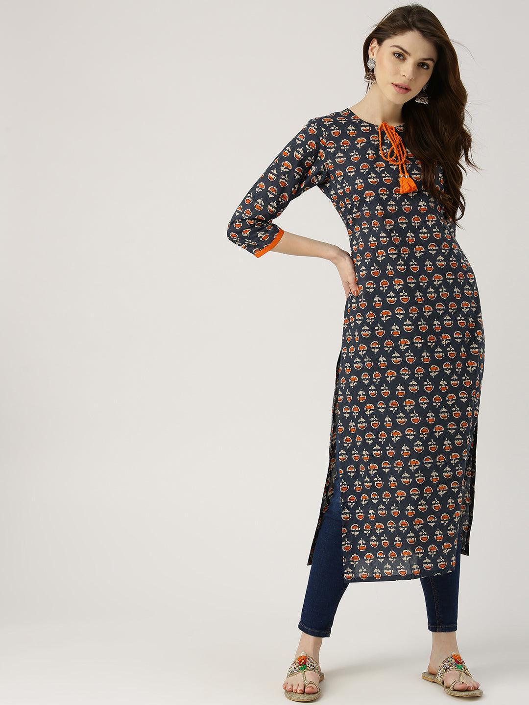 Blue Printed Cotton Kurta - ShopLibas