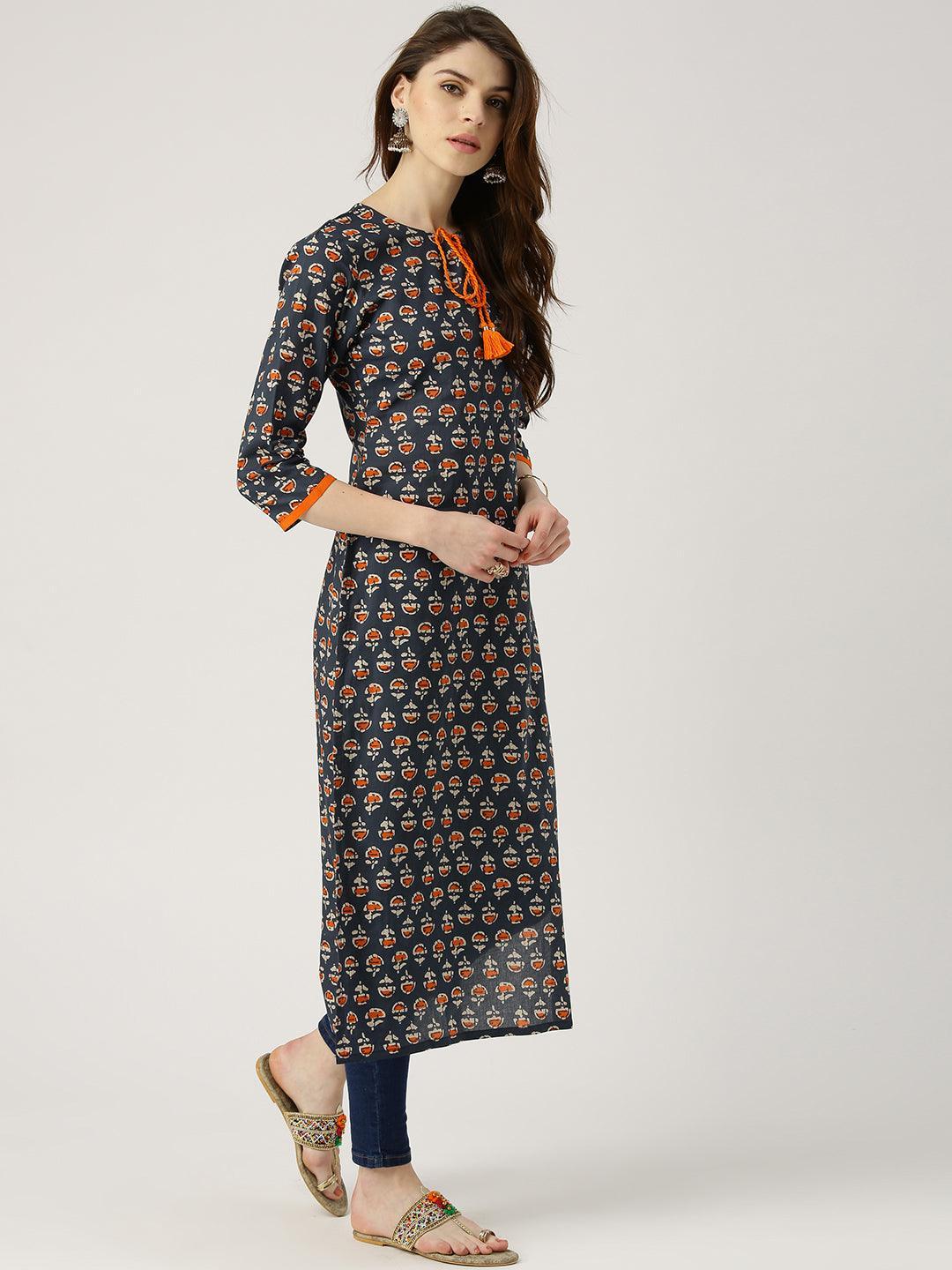 Blue Printed Cotton Kurta - ShopLibas