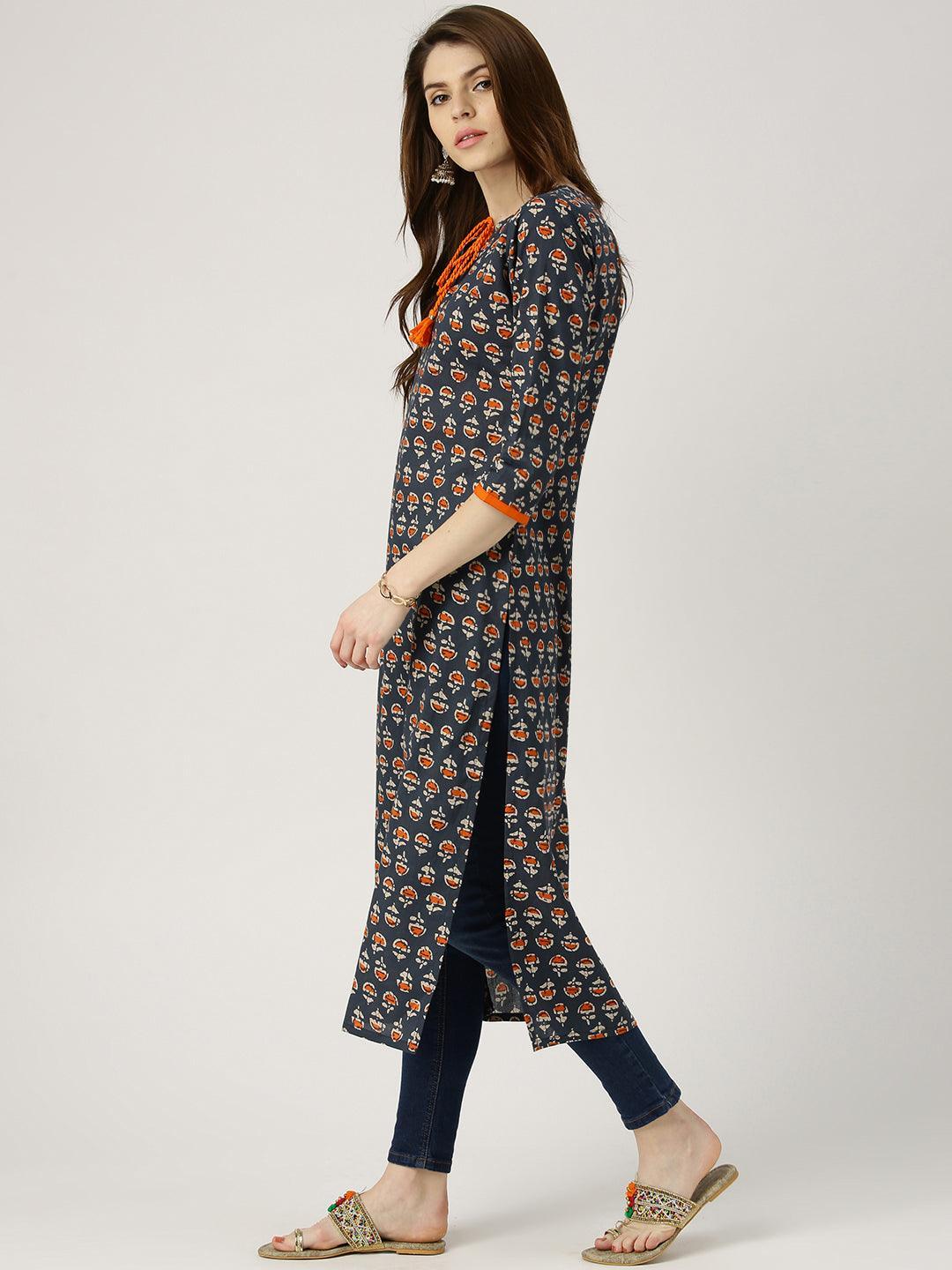 Blue Printed Cotton Kurta - ShopLibas