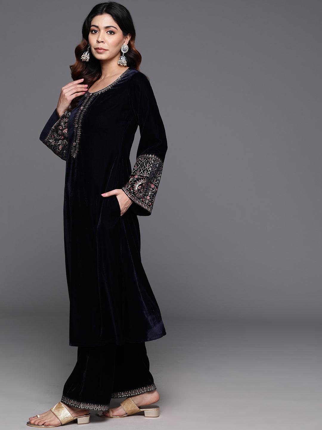 Navy Yoke Design Velvet A-Line Kurta With Palazzos & Dupatta - ShopLibas 