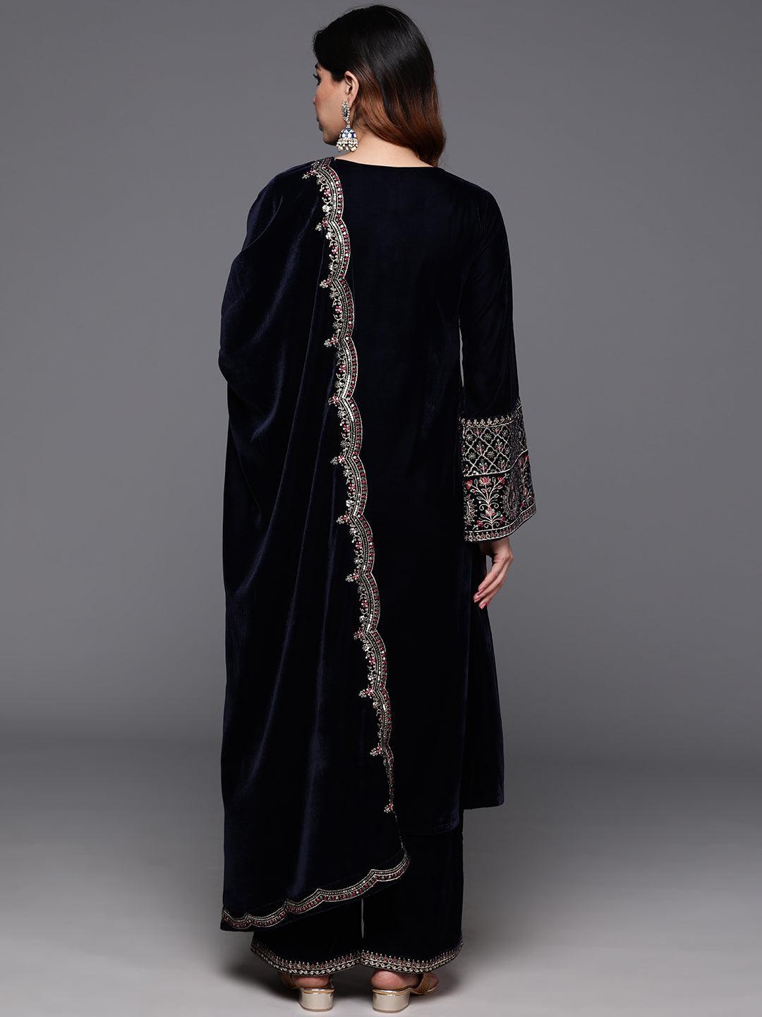 Navy Yoke Design Velvet A-Line Kurta With Palazzos & Dupatta - ShopLibas 