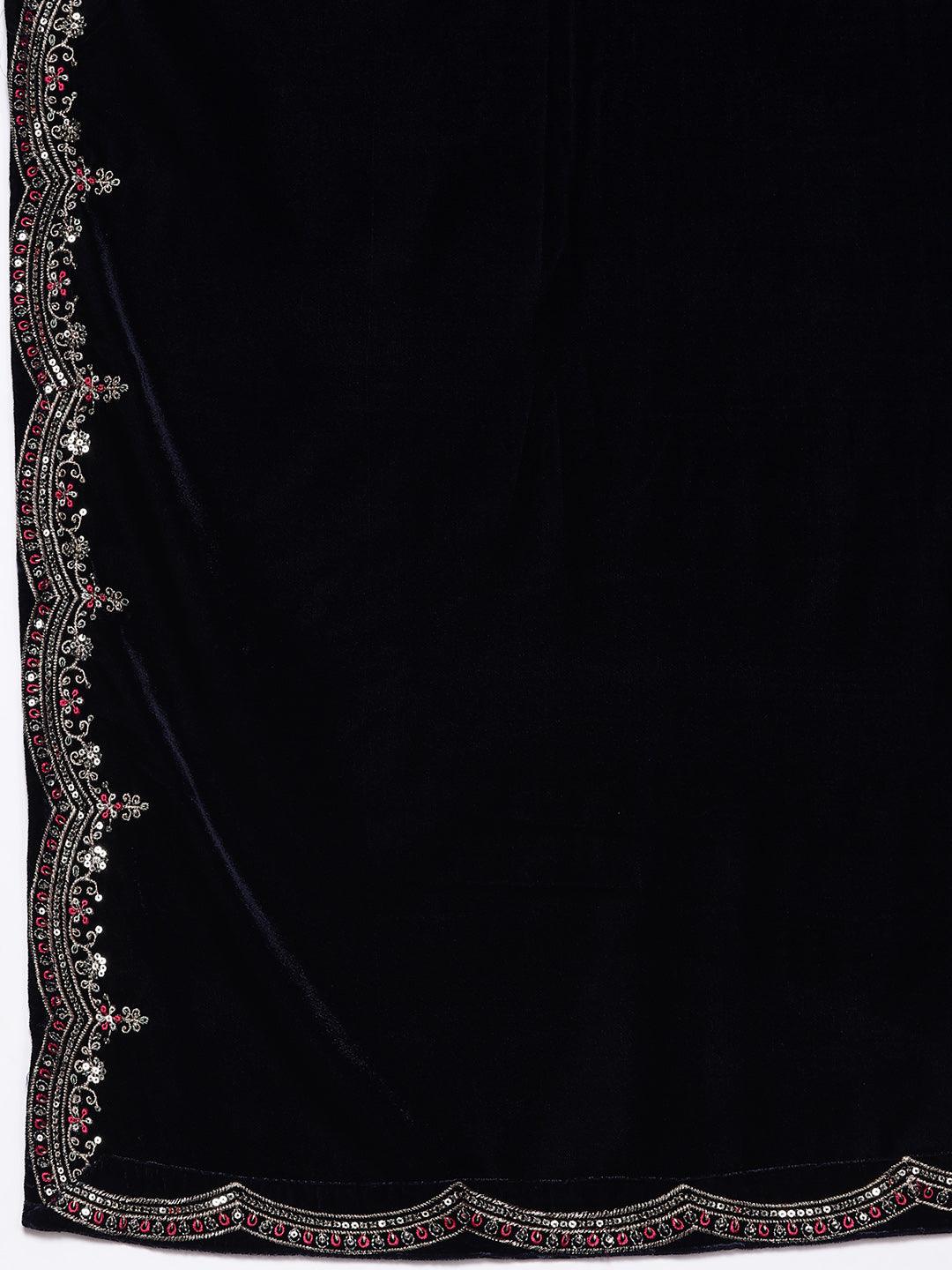Navy Yoke Design Velvet A-Line Kurta With Palazzos & Dupatta - ShopLibas 