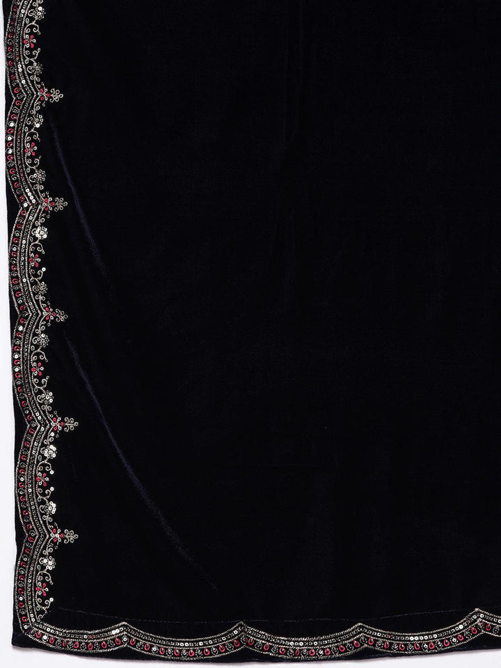 Navy Yoke Design Velvet A-Line Kurta With Palazzos & Dupatta