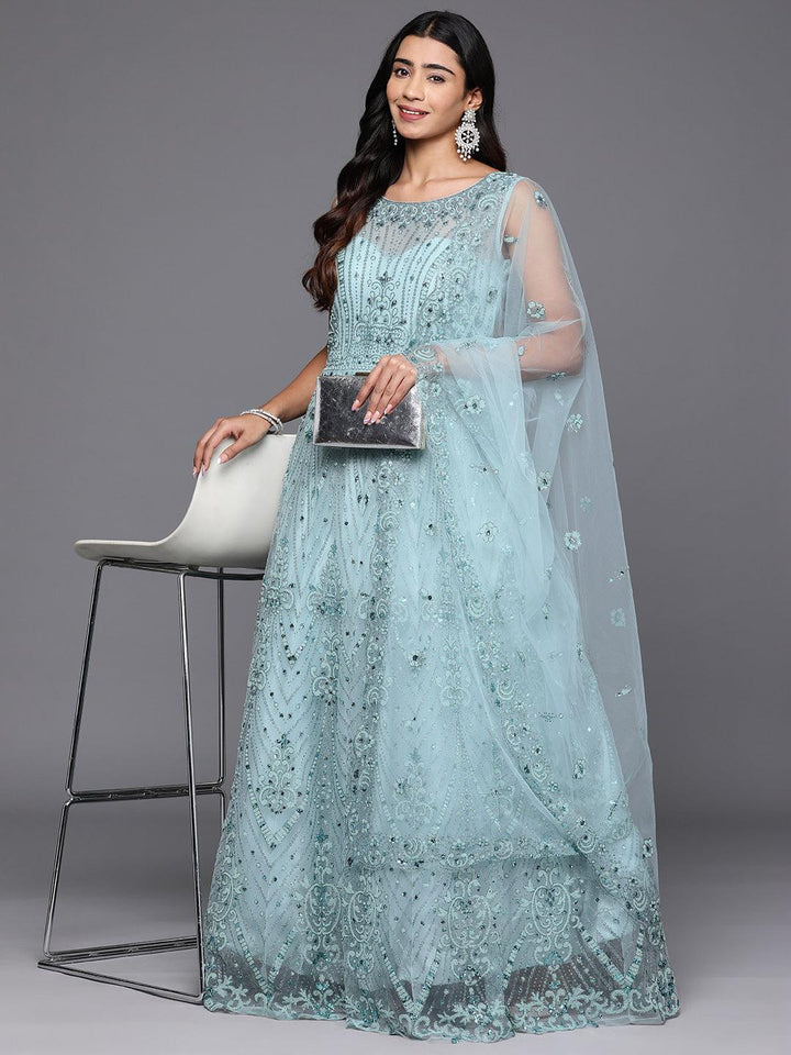 Libas Art Sea Green Embellished Net Gown Dress - ShopLibas