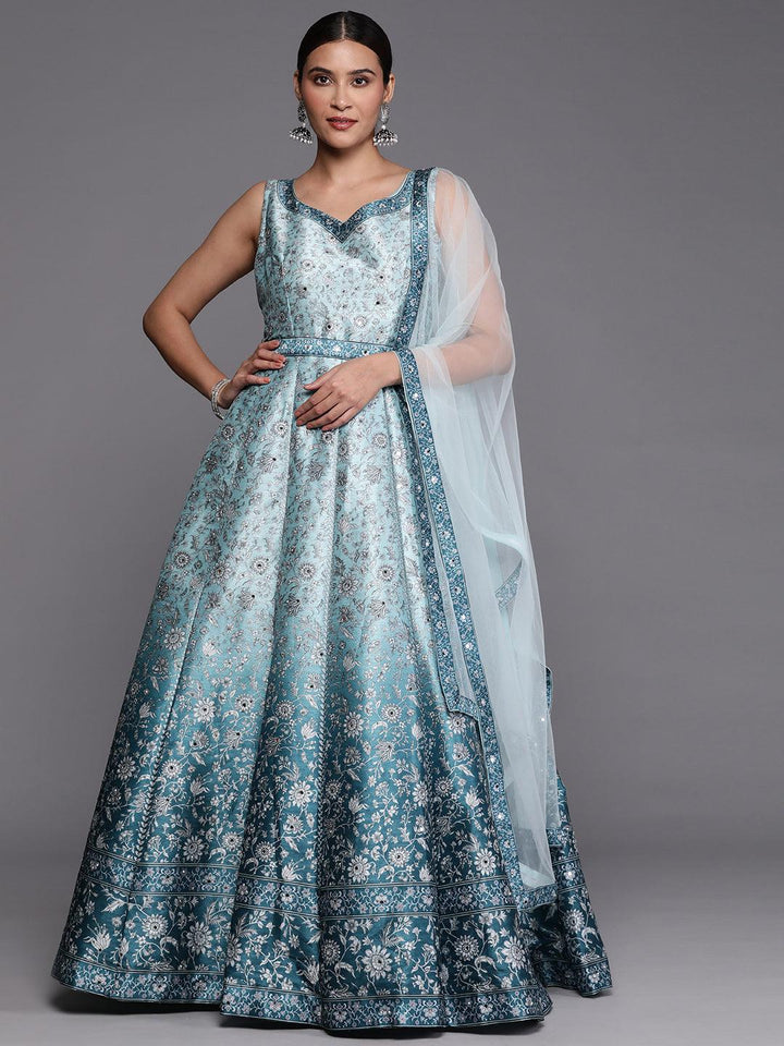 Libas Art Sea Green Printed Silk Gown Dress - ShopLibas